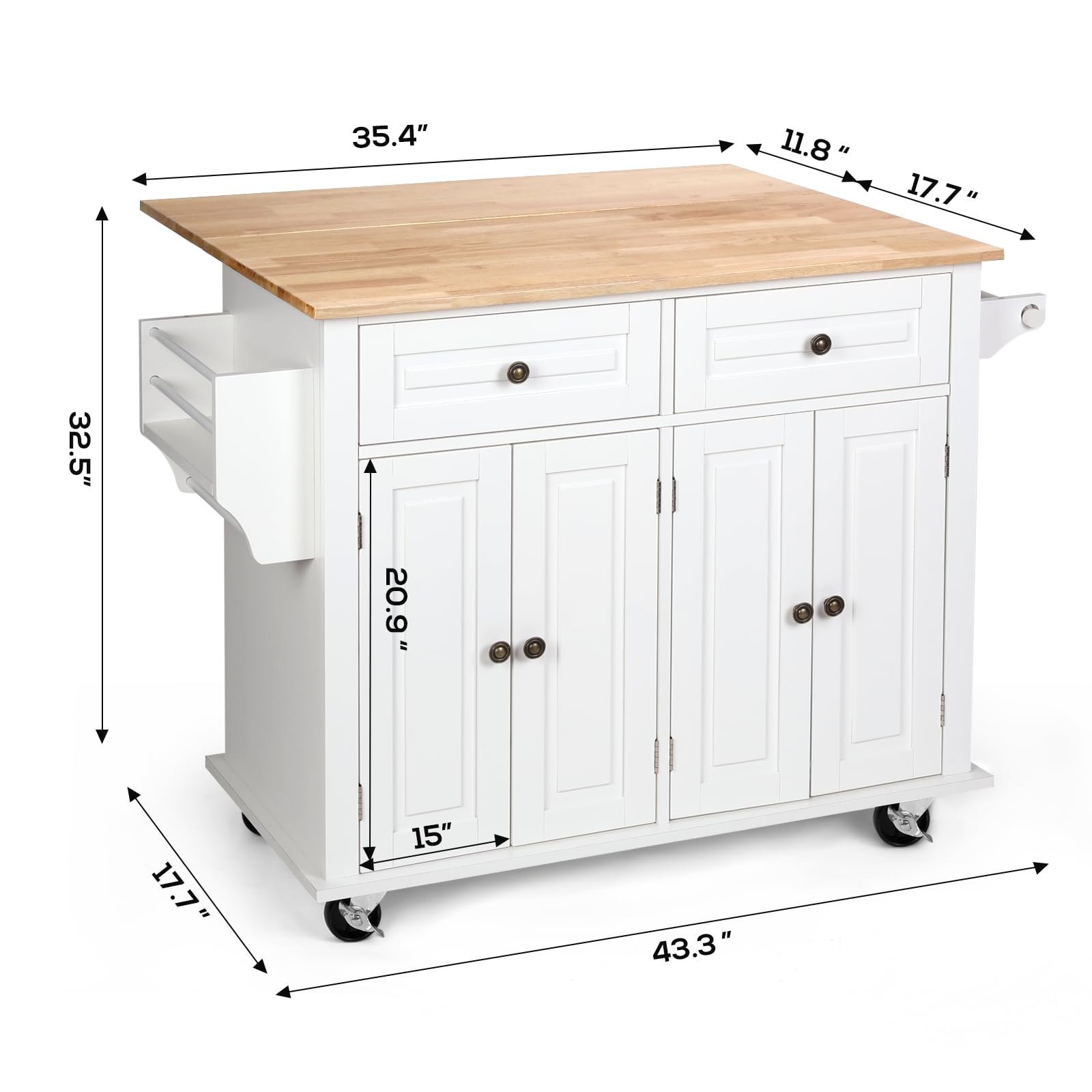 VOWNER 43" Kitchen Island with Drop Leaf, Island Table Kitchen with Storage, Solid Wood Countertop Rolling Kitchen Cart for Kitchen, Living Room - WoodArtSupply