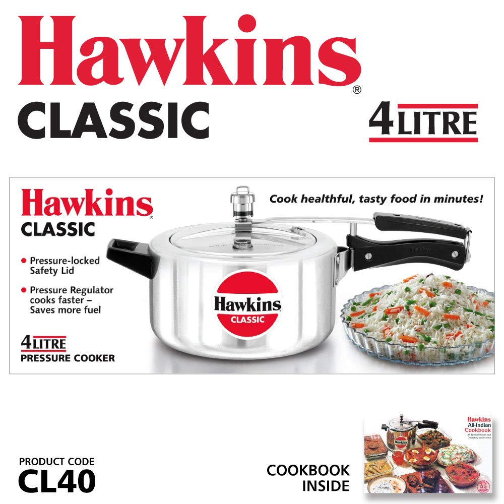 Hawkins 4 Litre Classic Pressure Cooker, Best Inner Lid Cooker, Silver (CL40) HAWKINS
