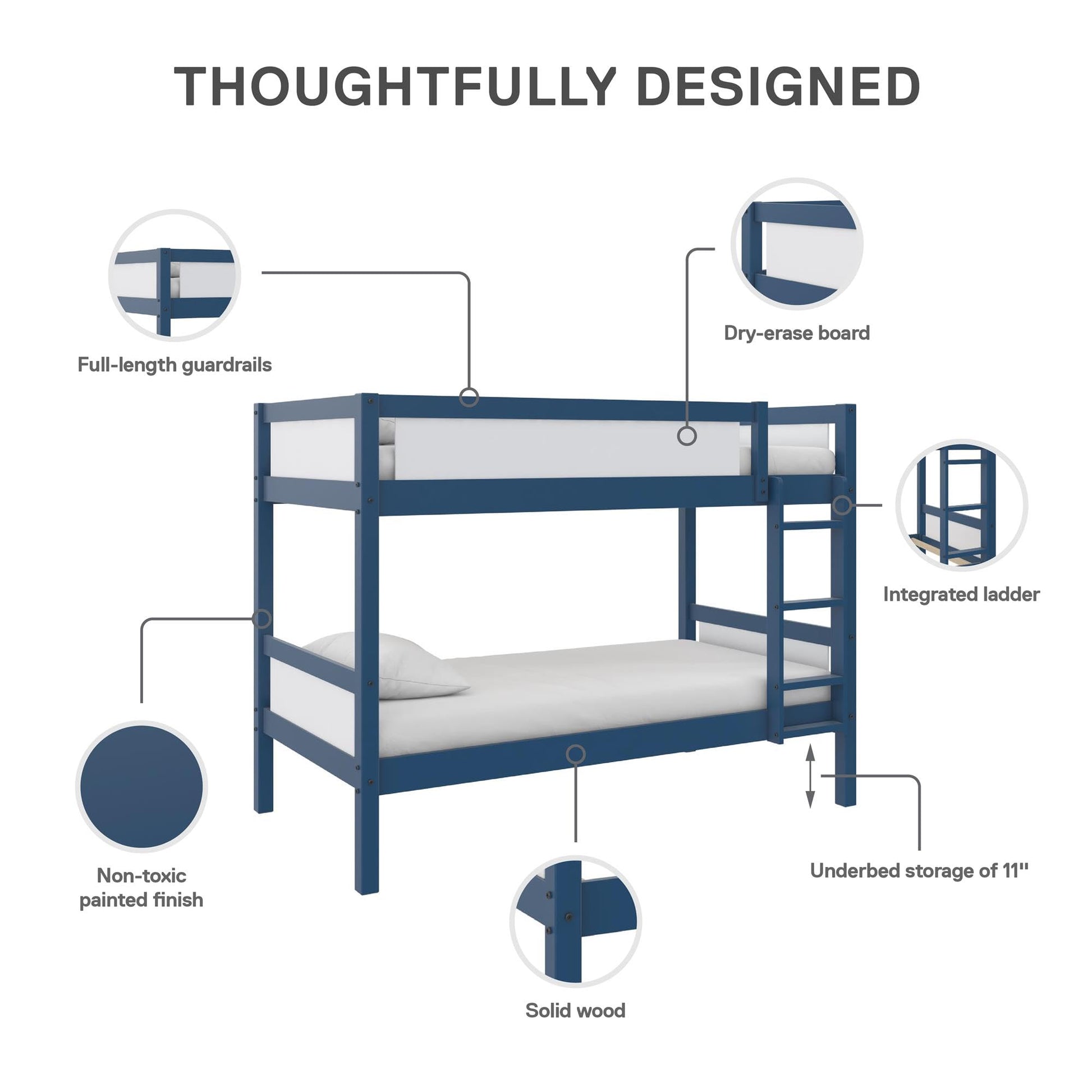 DHP Adrian Navy Blue Solid Wood Twin-Over-Twin Bunk Bed with Dry Erase Board and Underbed Storage - WoodArtSupply