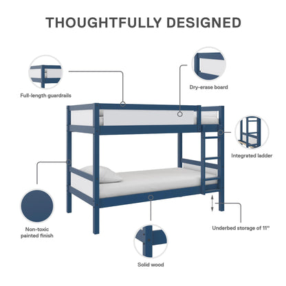 DHP Adrian Navy Blue Solid Wood Twin-Over-Twin Bunk Bed with Dry Erase Board and Underbed Storage - WoodArtSupply