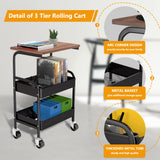HIDODO Rolling Cart with Wooden Tabletop, 3 Tier Metal Utility Cart, Rolling Storage Organizer Cart with Lockable Wheels for Kitchen, Office, Bedroom (Black) HIDODO
