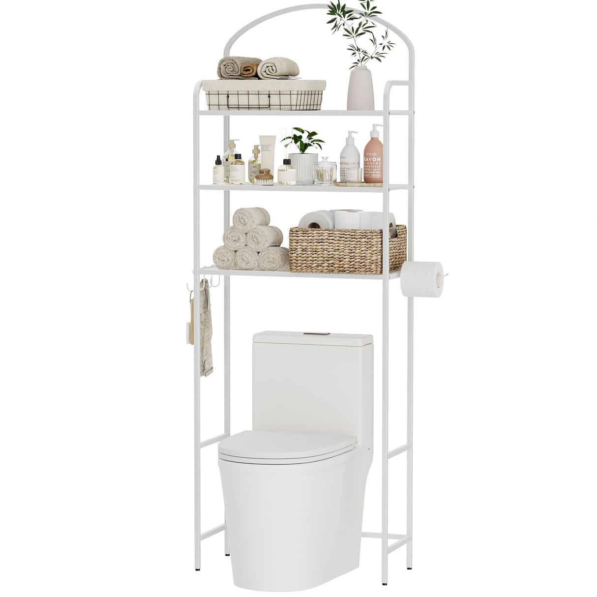 Selenvia 3-Tier Over The Toilet Storage, Metal Bathroom Shelves with 4 Hooks and Toilet Paper Holder, White Selenvia