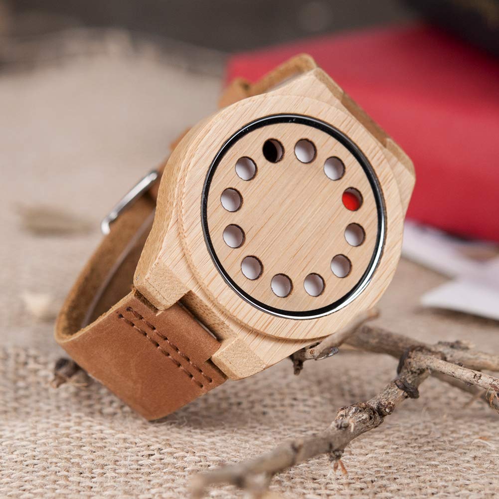 BOBO BIRD Men's Bamboo Wooden Watch with Black Cowhide Leather Strap 12 Holes Timer Design Sports Casual Watches (Brown Cat-Eye) BOBO BIRD