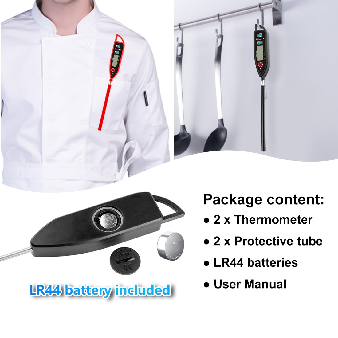 BOMATA 2 Pack Waterproof IPX7 Meat Thermometer Instant Read Food Thermometer with Long Probe for Water, Liquid, Kitchen Cooking, Grill,BBQ ! T101 X 2 Pcs (Black & Red)… BOMATA