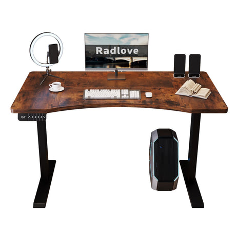 Radlove Dual Motors Height Adjustable 55 x 30'' Electric Standing Desk with Curved Design Stand Up Table 4 Memory Keys, Computer Desk with Splice Board Home Office Desk, Rustic Brown Top + Black Frame Radlove