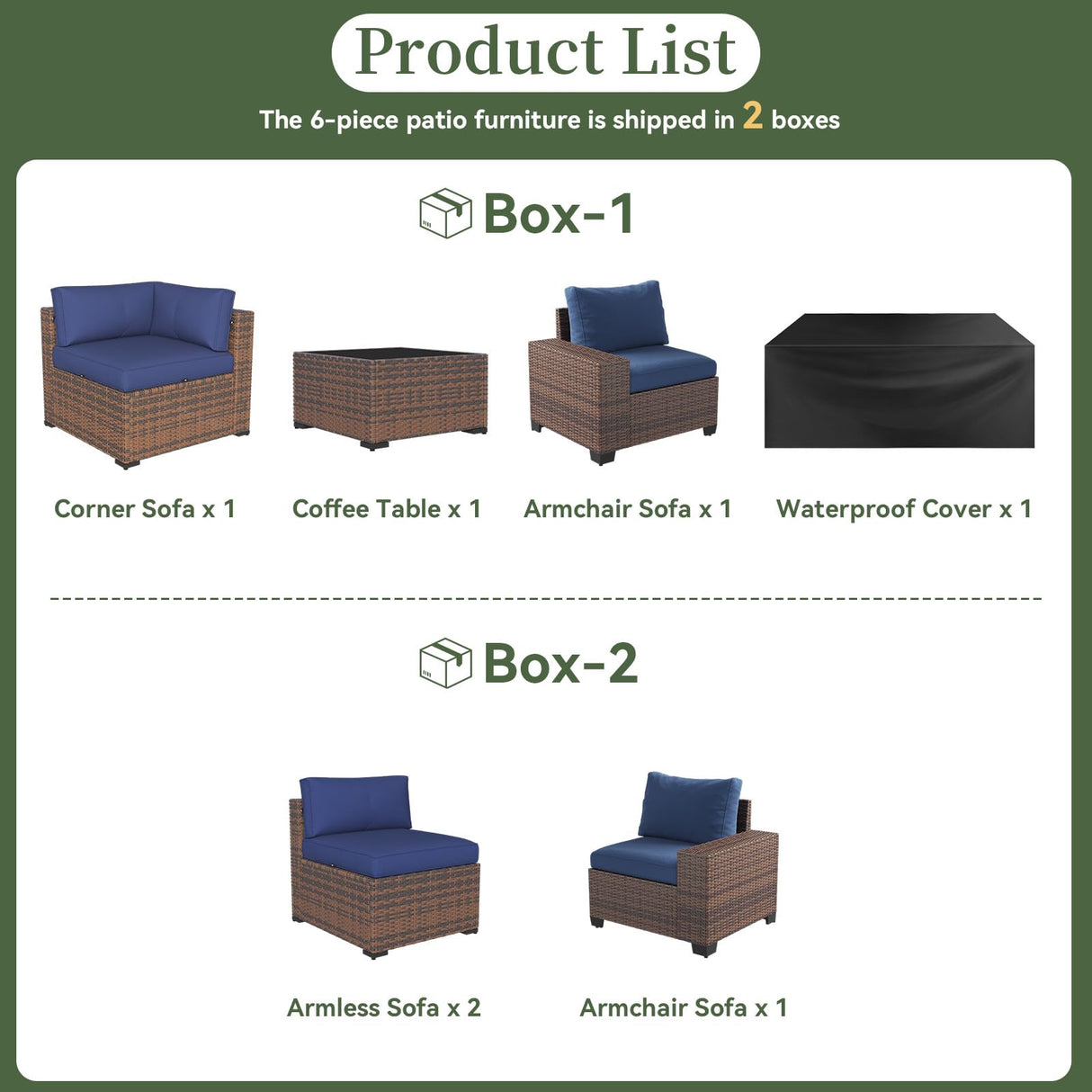 Aoxun 6 Piece Patio Furniture Set with Wide Armrests Wicker Rattan Outdoor Sectional Sofa Set with Coffee Table and Thickened Cushions, Brown/Blue(Waterproof Cover Included) Aoxun