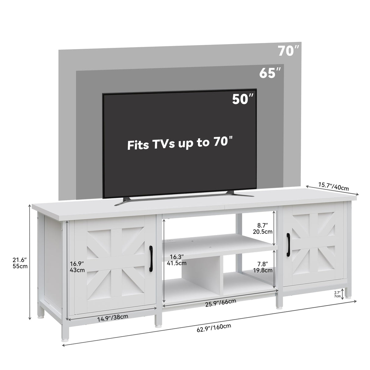YITAHOME TV Stand with LED Lights & Charging Station, Farmhouse Entertainment Center with Storage Cabinets & Shelves, Cross-Pattern Doors, Fits TVs up to 70'', TV Consoles for Living Room, White YITAHOME