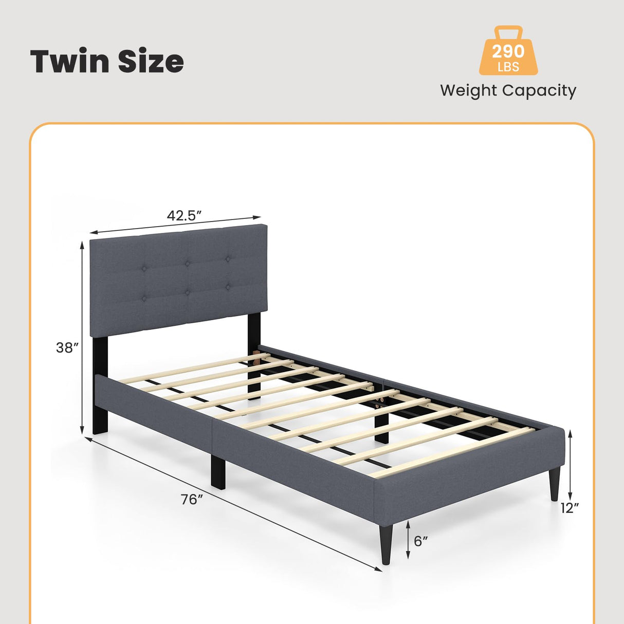 Giantex Twin Bed Frames for Kids, Modern Fabric Linen Upholstered Platform Bed Frame with Button Tufted Headboard and Wooden Slats, No Box Spring Needed, Kids Twin Bed for Boys Girls, Grey Giantex