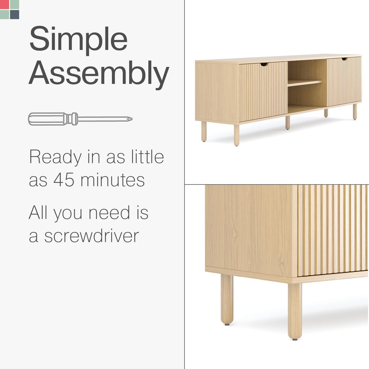 Contemporary Fluted TV Stand - Media Console - 70 Inch Entertainment Center with Storage - Console Table for Living Room and Bedrooms - Supports 32 to 80" TVs - Soft-Close Cabinet Doors (Light Oak) Stead