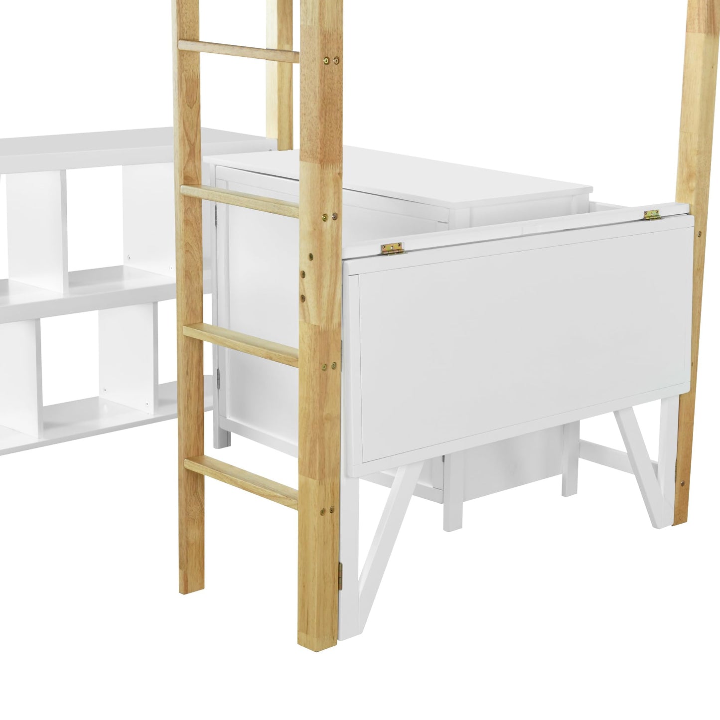 Harper & Bright Designs Twin Size Loft Bed with Foldable Desk, Bookshelf and Built-in Storage Cabinet, Wood Loft Bed Frame, White