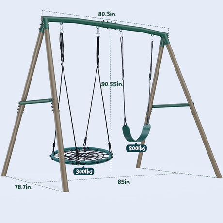 Hapfan 7.5ft Tall Swing Sets for Backyard, 500lbs Heavy Duty Swing Set for Kids and Adults with Spider Swing and Belt Swing, Outdoor Playground Sets for Backyards(Green and Brown) Hapfan