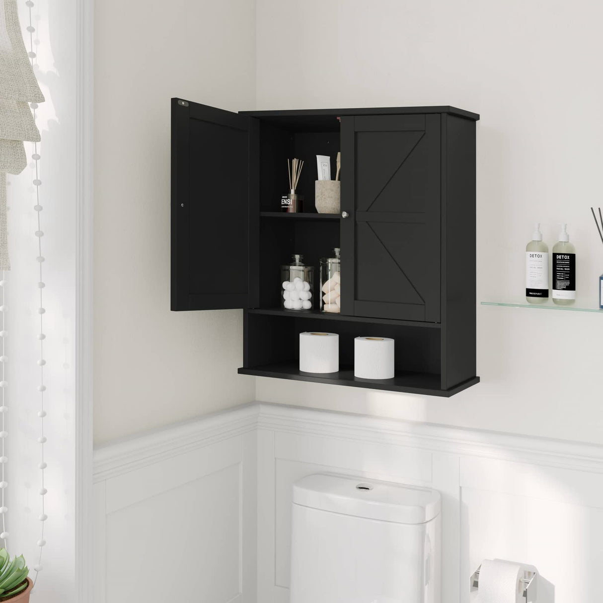 Reettic Farmhouse Medicine Cabinet with 2 Barn Doors, Bathroom Cabinet Wall Mount with Adjustable Shelf, Over The Toilet Storage for Bathroom, Living Room, Kitchen, Black BMGZ103B Reettic