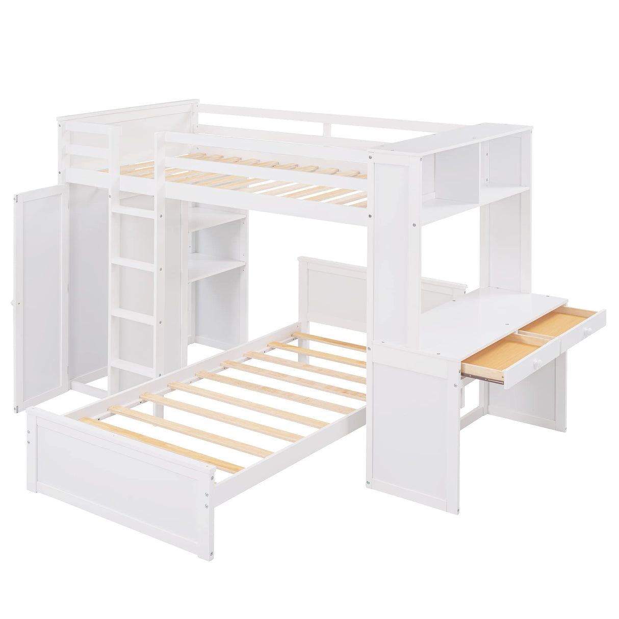 Loft Bed with Desk and Wardrobe Twin Over Twin Loft Bunk Beds Frame with Storage Drawers and Bookcase Wood All in One Beds for Kids Boys Girls Teens, White Bellemave