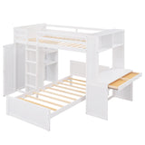 Loft Bed with Desk and Wardrobe Twin Over Twin Loft Bunk Beds Frame with Storage Drawers and Bookcase Wood All in One Beds for Kids Boys Girls Teens, White Bellemave