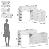 REAHOME Dresser for Bedroom with Charging Station and LED Light, 67" Rotatable Vanity Desk with LED Light and Side Pockets, Makeup Table with 10 Fabric Drawers, Modern Home Office Desks, White REAHOME