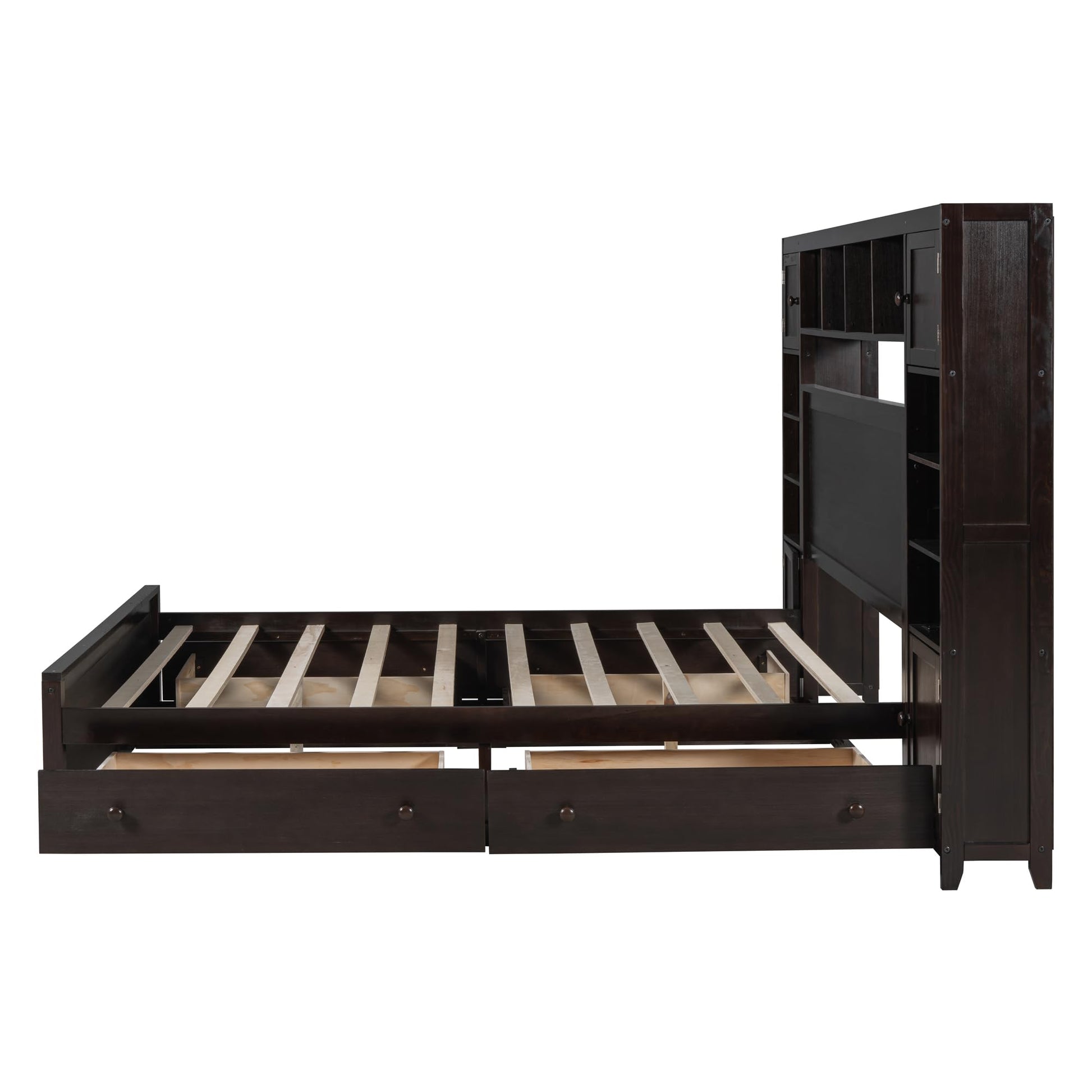 Queen Storage Platform Bed with Bookcase Headboard and Drawers in Espresso - WoodArtSupply