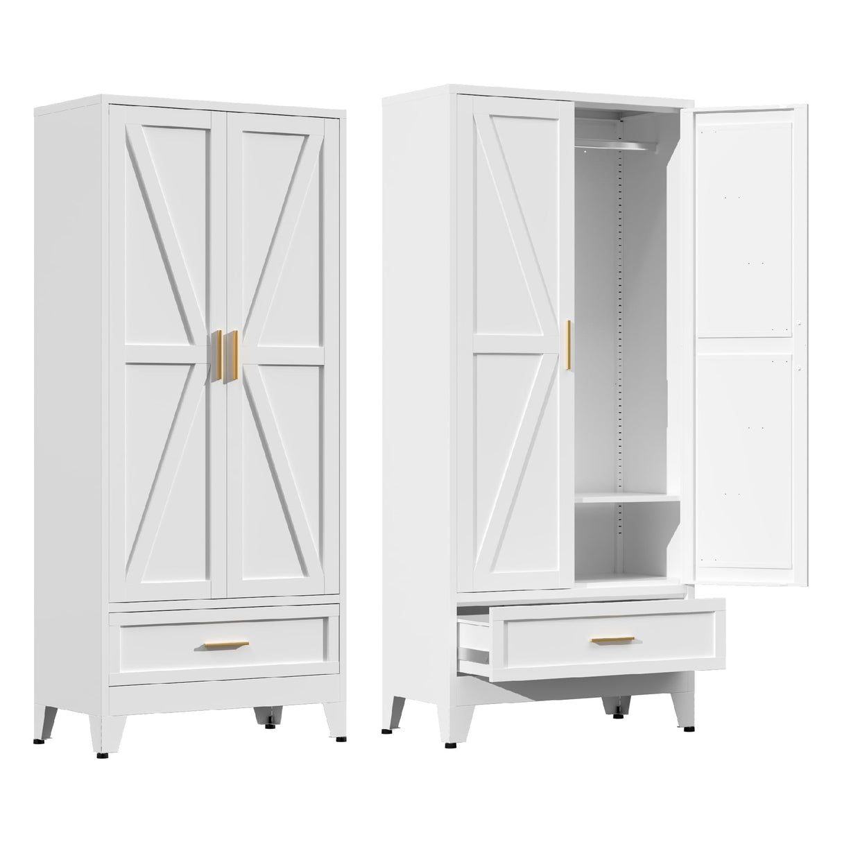 Metal Armoire Wardrobe Closet with Drawer, Farmhouse White Wardrobe Cabinets for Hanging Clothes,Rustic Barn Door Dasign 71" Tall Freestanding Armoire for Bedroom,Office,Laundry Room,Dormitorios XIOMIOHTRQ