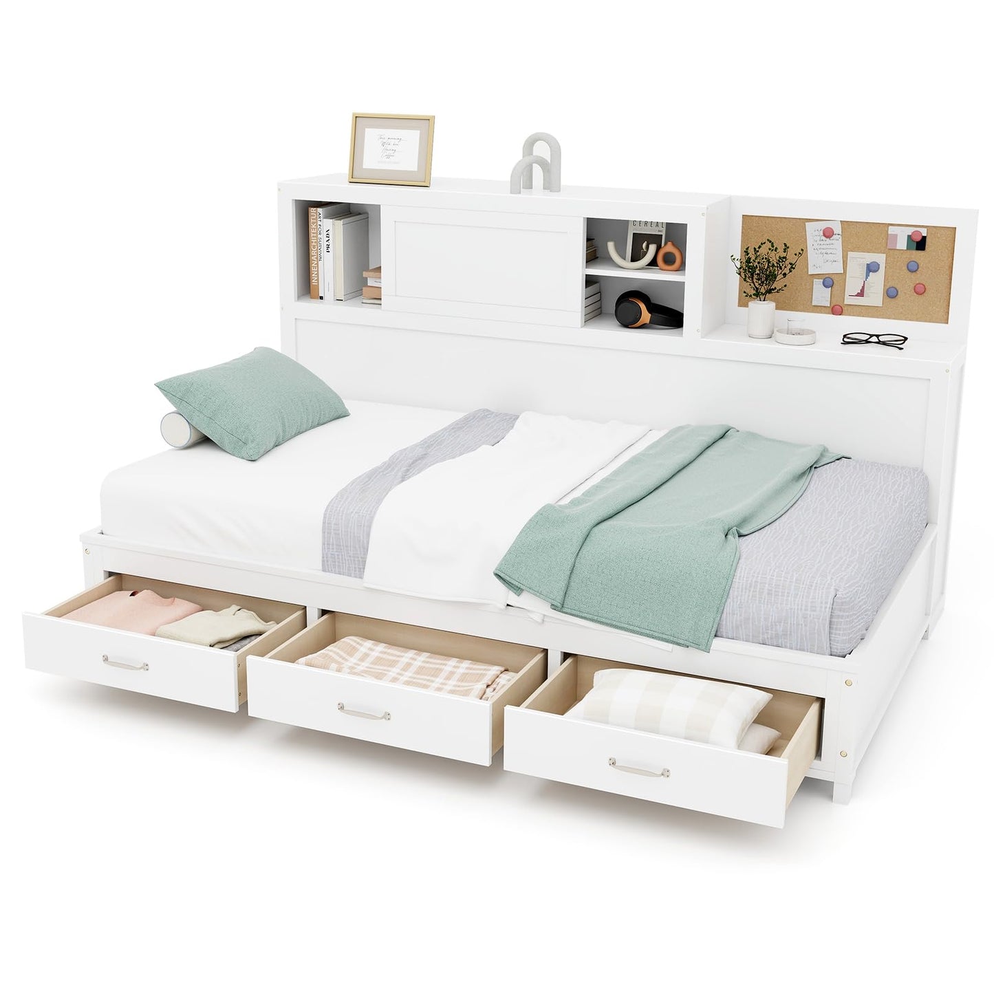 Giantex White Twin Daybed with 3 Storage Drawers, Cork Board & Sliding Door - WoodArtSupply