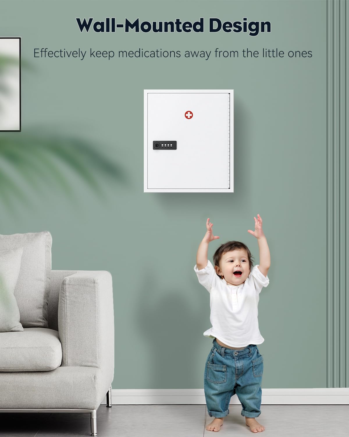 Uniclife Wall Mount Medicine Cabinet with Combination & Key Lock Locking First Aid Cabinet Lockable Medical Cabinet Large Capacity Medicine Organizer Secure Steel Wall Cabinet Metal Storage Box, White Uniclife