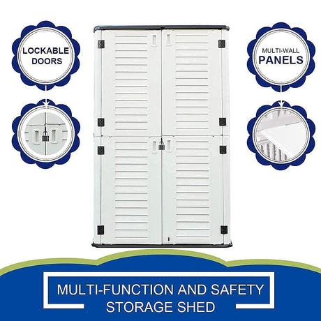 KINYING Outdoor Storage Shed Waterproof, Resin Vertical Storage Cabinet Double-Layered, Versatile to Store Patio Furniture, Garden Tools, Pool Accessories,Mower (66 Cu.ft,White) KINYING