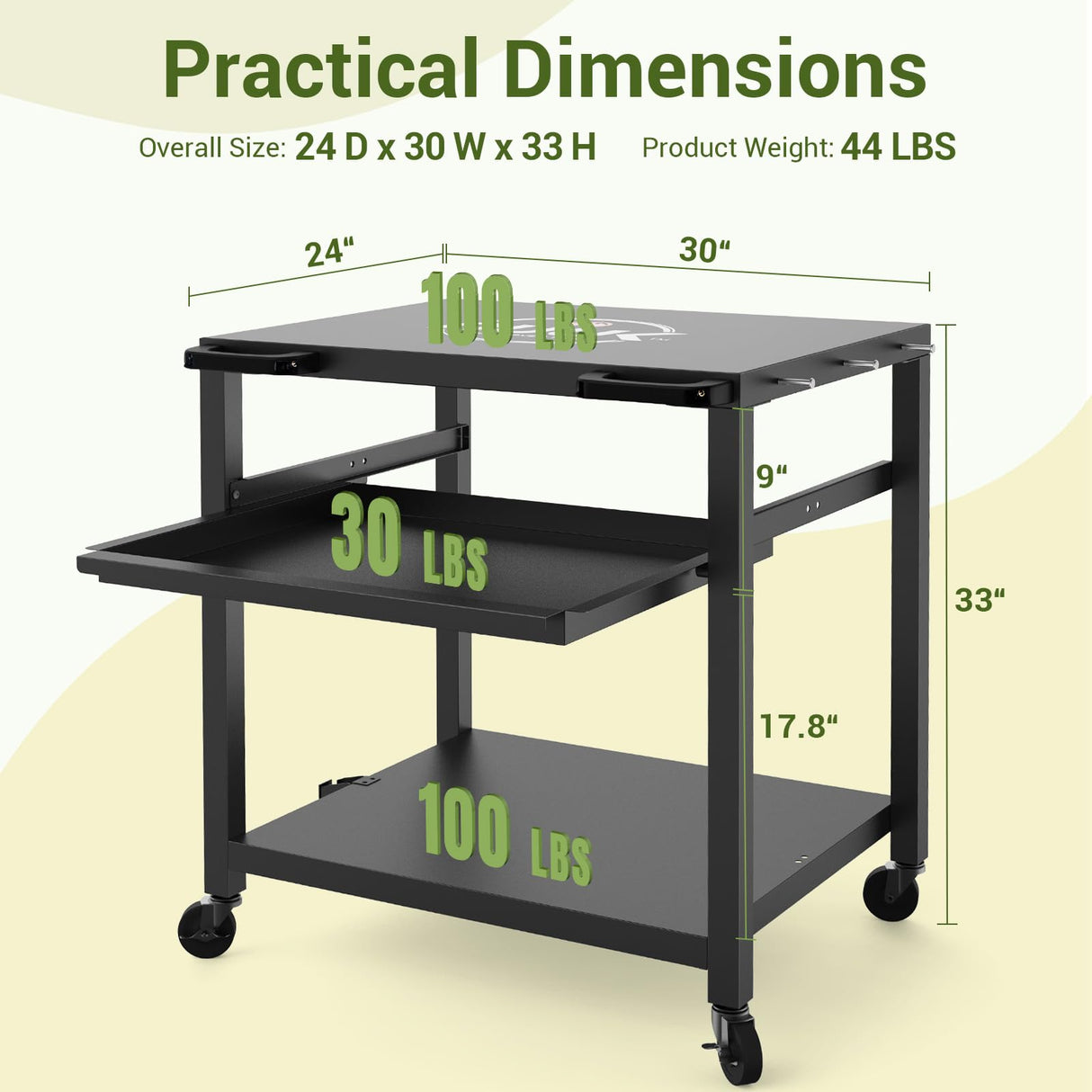 NUUK Outdoor Grill Prep Table 24"x30" Metal Grill Cart Outside 3-Layer Pizza Oven Table Movable with Universal Wheels for BBQ Backyard Patio NUUK