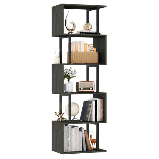 Furologee 6-Tier S-Shaped Geometric Bookshelf in Light Black Oak - Tall Industrial Display and Storage Shelf - WoodArtSupply