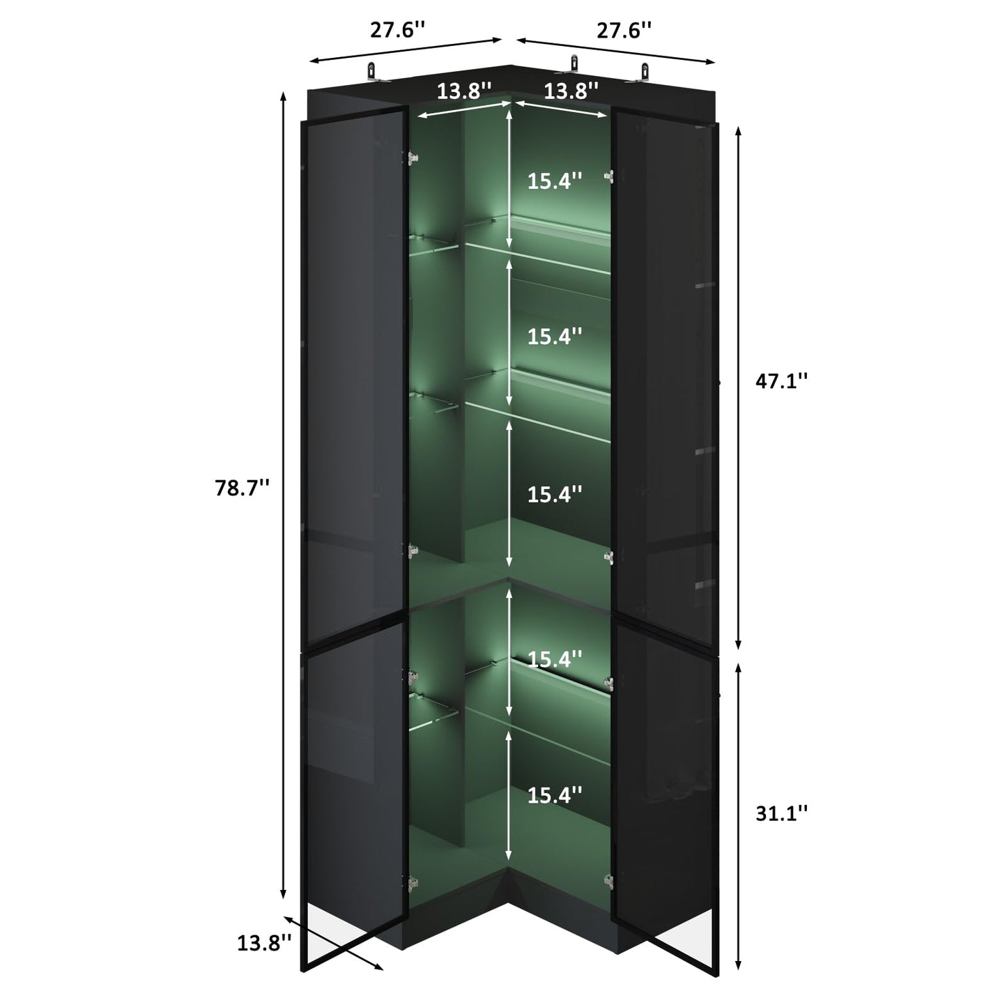 LIVAUVEAD L-Shaped Kitchen Pantry Cabinet, 78.7" Tall Corner Display Cabinet with 4 Glass Doors, Storage Cabinet with Adjustable Shelves and LED Lights, Curio Cabinet for Collectibles, Living Room