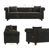ONBRILL 82" Chesterfield Sofa, Black Velvet Couch with Rolled Arms, 23.6" Deep Seat Couch w/2 Throw Pillows, Button Tufted Backrest, Turned Wood Legs, Comfy Loveseat Sofa for Living Room, Bedroom ONBRILL