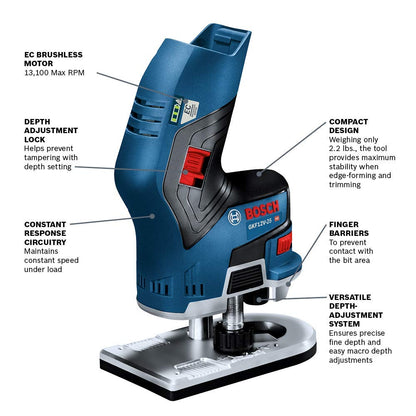 Bosch 12V Max Palm Edge, 13000 RPM EC Brushless Motor, Bare Tool Router with Cordless Convenience, Depth-Adjustment System (Renewed) - WoodArtSupply