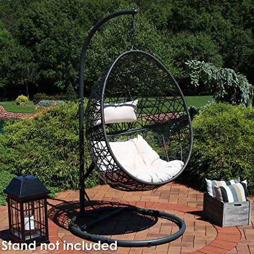 Sunnydaze Caroline Hanging Resin Wicker Egg Chair - 265-Pound Weight Capacity - Removable Beige Polyester Cushions