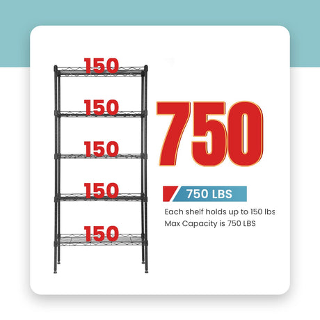 Adjustable NSF-Certified Metal Shelf Wire Shelving Unit Storage for Small Places Restaurant Garage Pantry Kitchen Garage Rack (Black, 21.5L x 11.6W x 47.6H) BestOffice