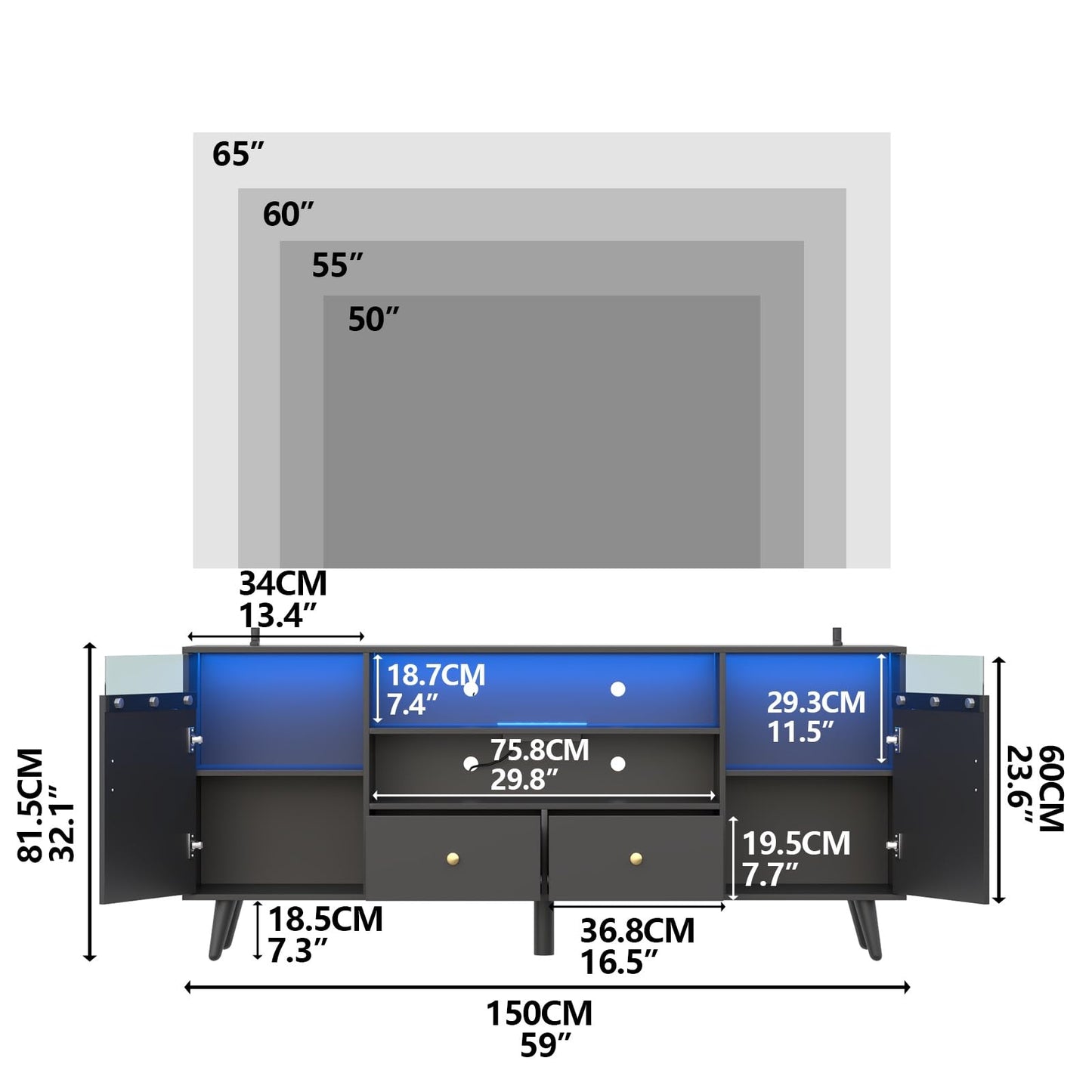 TV Stand for TV up to 65 Inch, LED Lights Entertainment Center with Power Outlet, TV Cabinet with Storage Drawers and Open Shelf, Modern TV Media Console for Living Room, Black Television Tab - WoodArtSupply