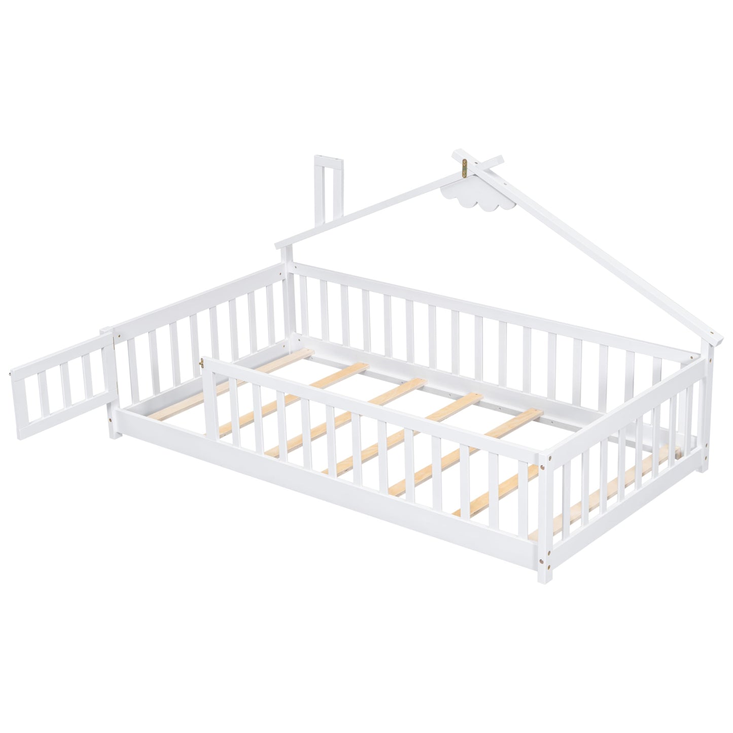 Harper & Bright Designs White Twin Montessori Floor Bed Frame with House-Shaped Roof and Guardrails - WoodArtSupply