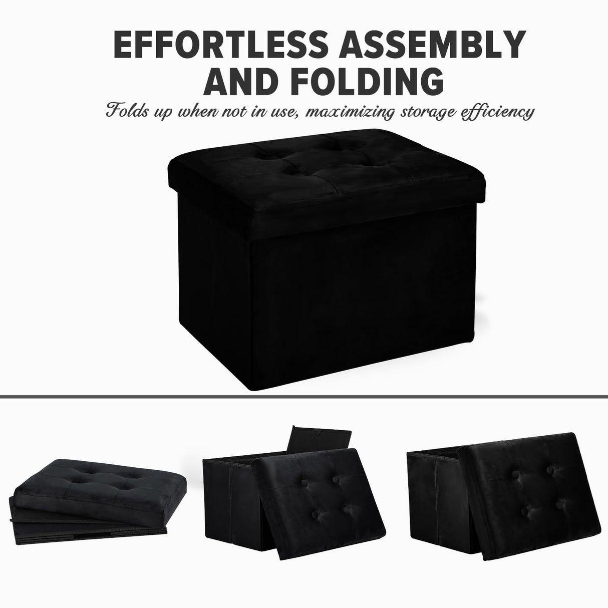 LINMAGCO Storage Ottoman Folding Foot Stool Velvet Ottoman Foot Rest with Padded Modern Ottoman with Storage for Living Room Puppy Step Stool 17x13x13in(Black) LINMAGCO