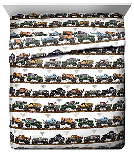 Jay Franco Kids Sheet Set with Fitted, Flat Sheets & Pillow Cover - Ultra-Soft Bedding with Pillowcase for Room Decor, Multi - Monster Jam, 4 Piece Queen Jay Franco