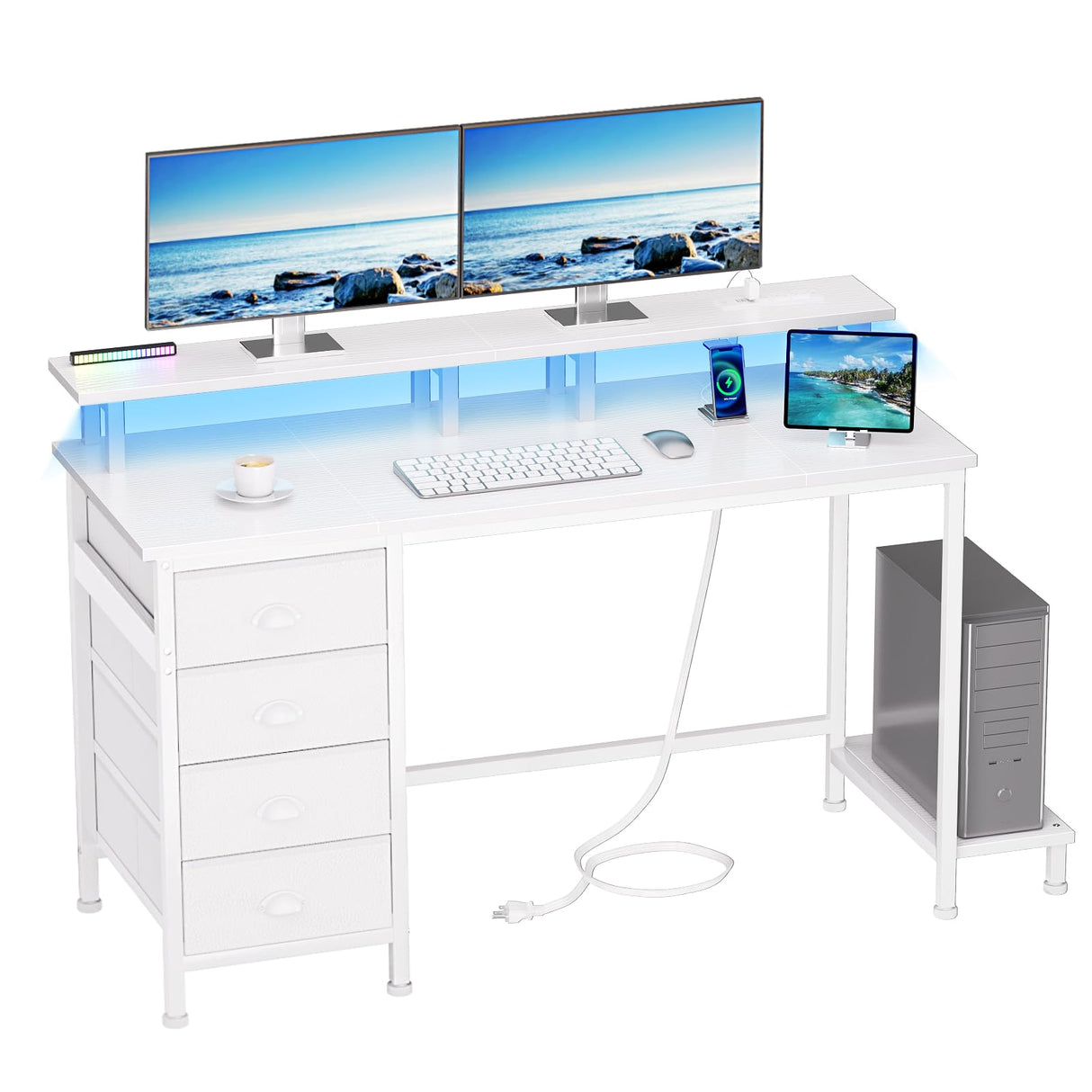 Furologee Computer Desk with 4 Fabric Drawers, 47in Gaming Desk with Power Outlets and LED Lights, Home Office Desk with Full Monitor Stand and Shelf, Study Writing Desk for Bedroom, White Furologee