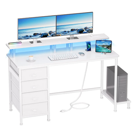 Furologee Computer Desk with 4 Fabric Drawers, 47in Gaming Desk with Power Outlets and LED Lights, Home Office Desk with Full Monitor Stand and Shelf, Study Writing Desk for Bedroom, White Furologee