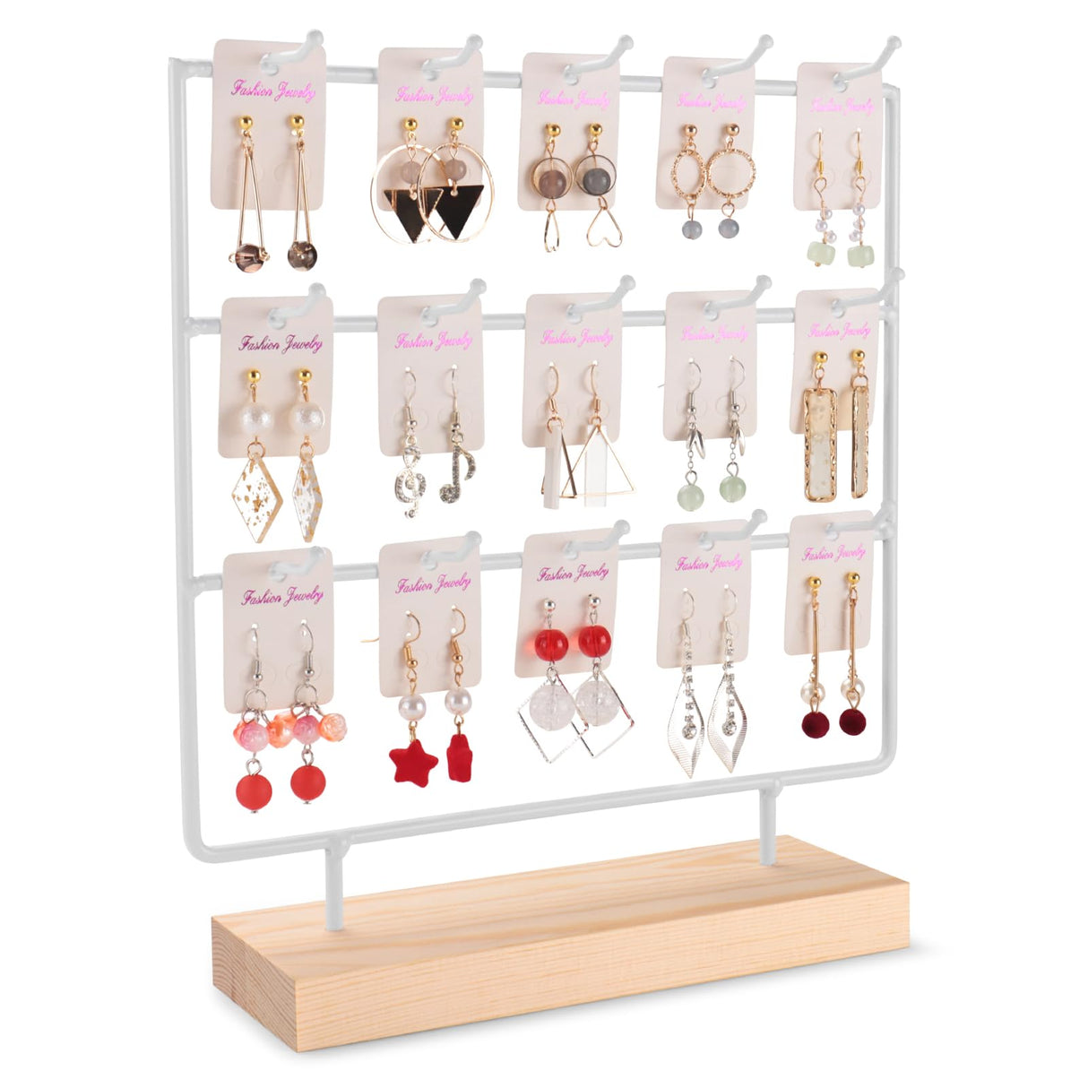 shidaishiye Earring Display Stand for Selling, Wood Earring Rack Tower Display Holder Stand (3 Tier,15 Hooks, White) shidaishiye