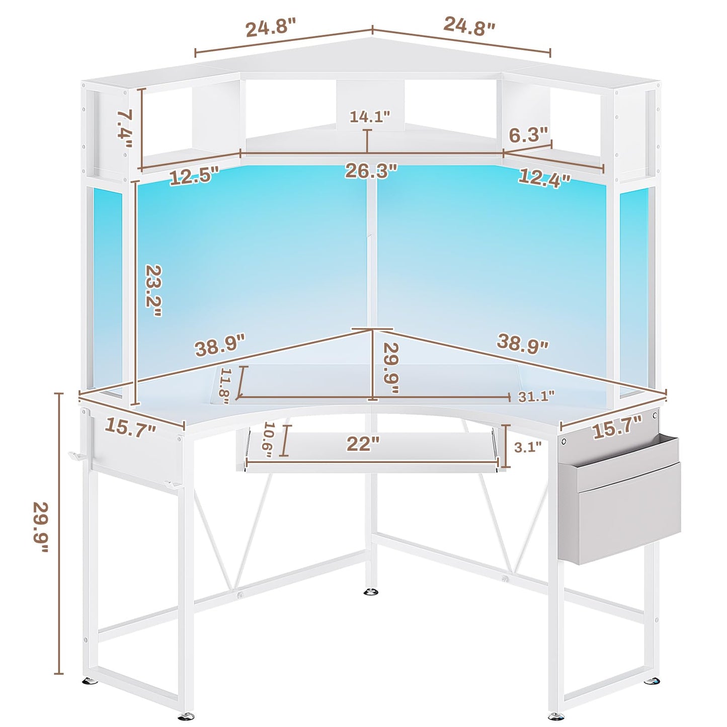 SEDETA Corner Desk, Small Computer Desk with Hutch & LED Lights, Triangle Corner Computer Desk with Keyboard Tray, Storage Bag, and Headphone Hook for Small Space, Small Office Desk, White - WoodArtSupply