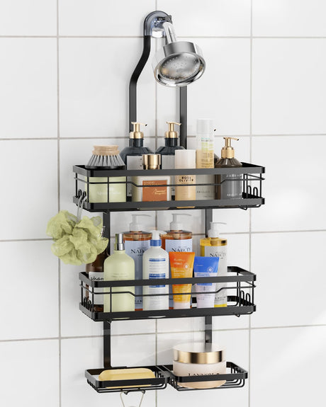 OMAIRA Shower Caddy Hanging with Soap Scrub Holder, Stainless Steel Adjustable No Drilling Non-Slip Large Capacity Sturdy Over Shower Head Shower Organizer Inside Shelves Bathroom Storage Rack, Black OMAIRA