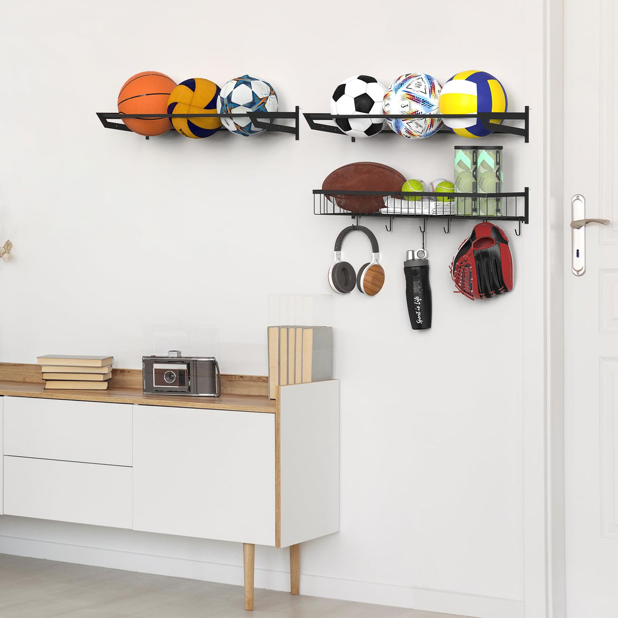 YBING Sports Equipment Organizer with 3 Separate Shelf, Ball Racks for Garage, Garage Sport Equipment Organizer with Hooks,Wall Mount Sports Holder Storage, Black YBING