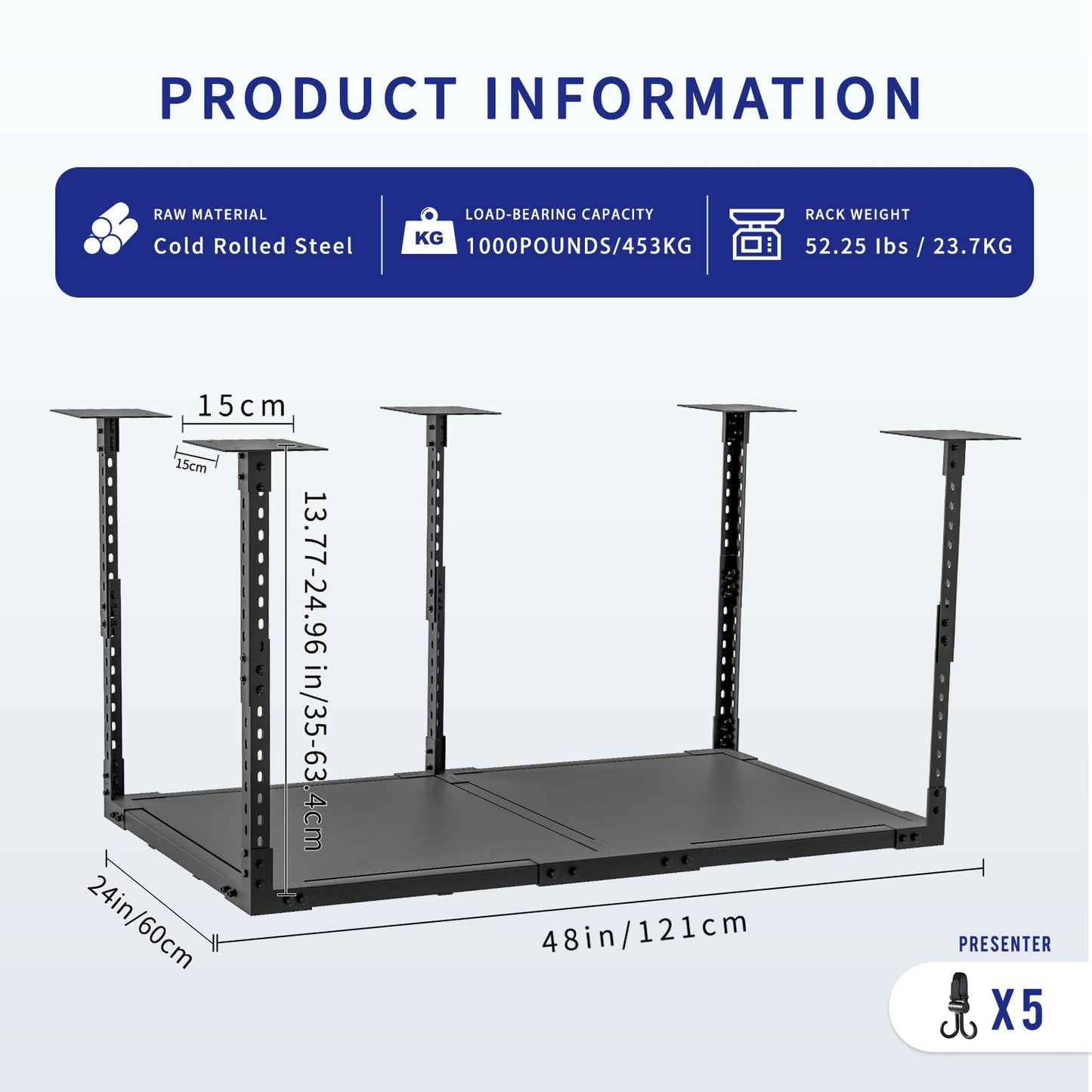 VWZ Overhead Garage Storage Rack, 2×4 Heavy Duty Metal Garage Ceiling Storage Rack, with Bottom Plate, Adjustable Garage Storage Systerm, 1000Lbs Load Capacity, 5 Hooks as Gift, Black