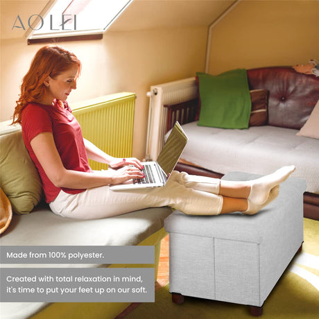 Ao Lei 30 Inches Storage Ottoman Bench with Wooden Legs for Living Room, Folding Foot Rest Removeable Lid for Bedroom End of Bed, Linen Fabric, White Ao Lei
