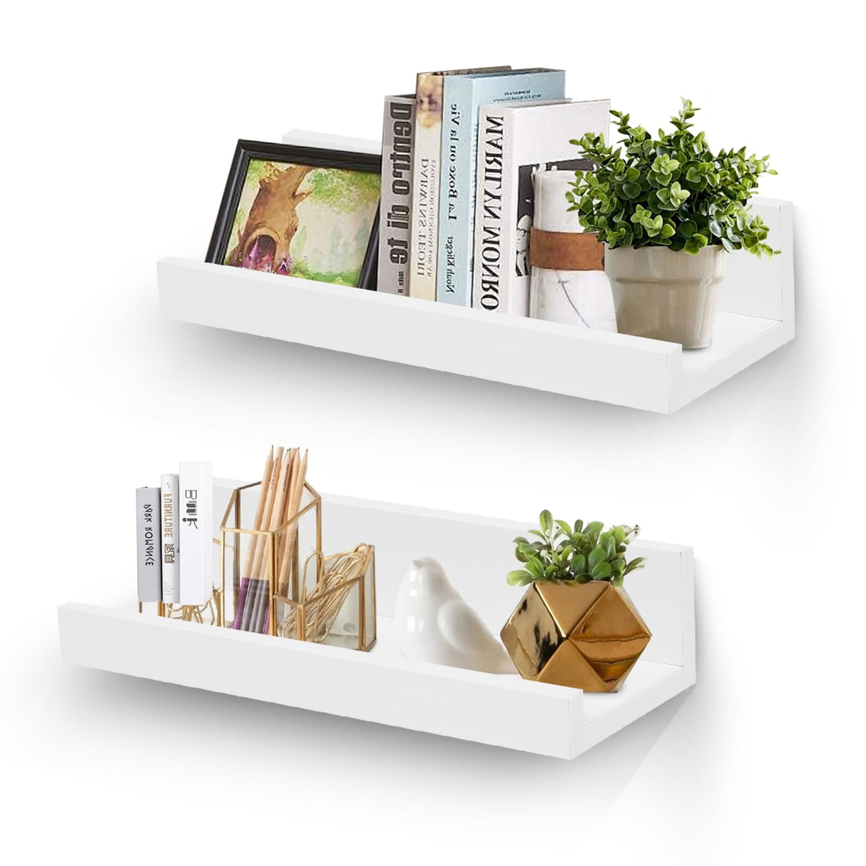 Muzilife 12" Small Floating Wall Ledge Shelves with Lip - Set of 2 Wood Floating Shelves - White Wall Mounted Picture Ledge for Office, Bathroom, Bedroom, Living Room, Kitchen Muzilife