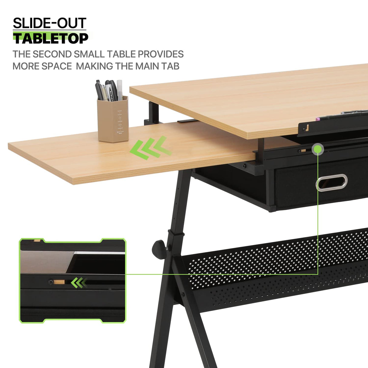 Magshion Drafting Table Set Adjustable Height Artist Desk with Tilting Wooden Tabletop and Sliding Desktop, Multifunctional Art Desk with Stool and 2 Storage Drawers for Home Office School (Natural) Magshion