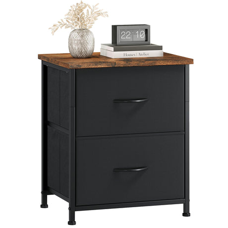 Somdot Nightstand with 2 Drawers, Bedside Table Small Dresser with Removable Fabric Bins for Bedroom Nursery Closet Living Room - Sturdy Steel Frame, Wood Top, Pull Handle - Black Somdot