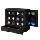AUTOARK Wooden Watch Sunglass Display Case,12 Watch Box with Jewelry Drawer,Watch Eyeglass Holder with Window,Vertical Storage,Gift Idea,Black,AW-184 AUTOARK