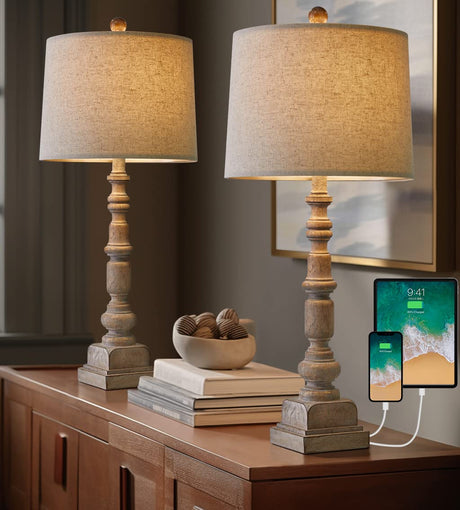 Oneach 27.75" Vintage Farmhouse USB Table Lamps Set of 2 for Living Room Bedroom Traditional Bedside Nightstand Lamp with Dual USB Port Resin Table Lamp with Rotary Switch for Living Room Bedroom Oneach