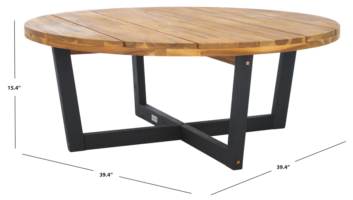 SAFAVIEH Outdoor Collection Leo Natural/Black 4-Leg Round Coffee Table, Ideal for Deck, Patio, Backyard, Sunroom SAFAVIEH