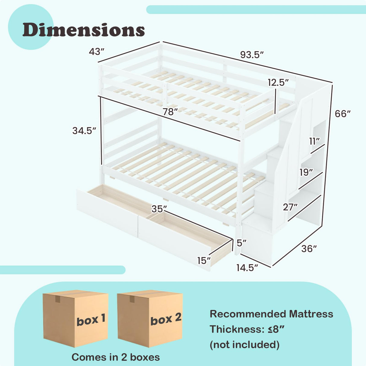 Giantex Bunk Bed Twin Over Twin with Storage Stairs & Drawers, Solid Wood Bunk Bed with Full-Length Guardrails, Convertible to 2 Beds, Versatile Bunk Beds for Kids, Teens, Adults, White Giantex